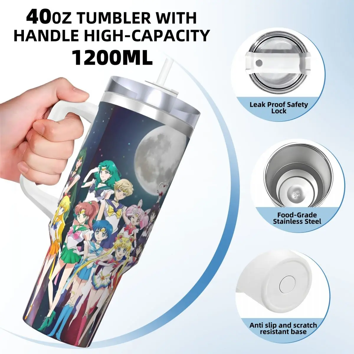 S-Sailor M-Moon Anime Characters Tumbler Cold Drink Water Bottle Portable Stainless Steel Thermal Mug Custom Travel Car Mugs