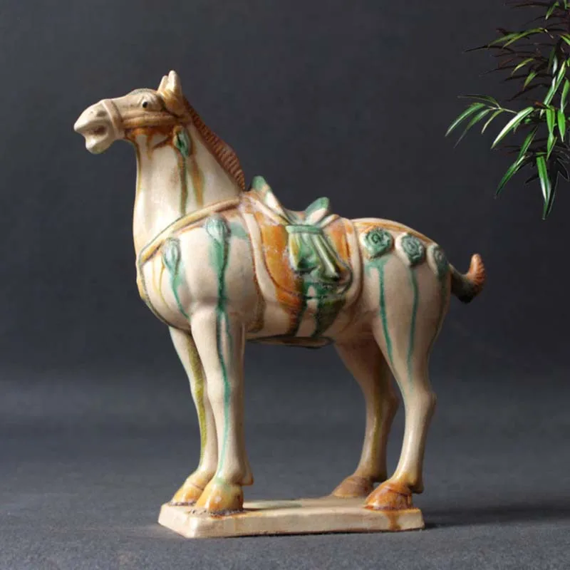 Chinese Style Antique Imitation Tang Tri-Color Glazed Ceramics White War Horse Porcelain Statue 8.27 inch
