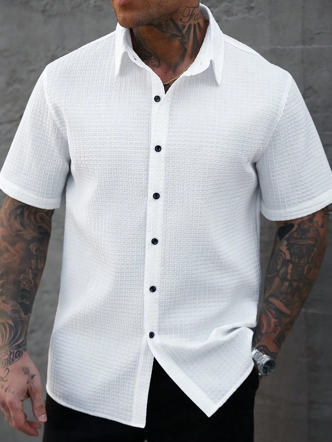 

Men's White Textured Waffle Knit Short Sleeve Button-Up Casual Shirt