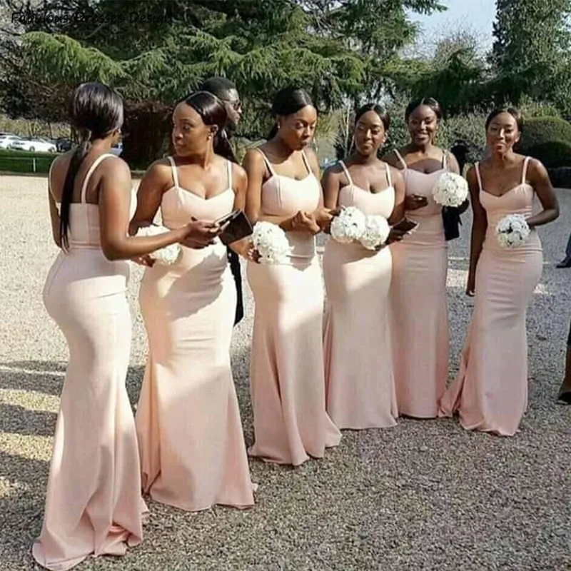 

Light Pink Long Mermaid Bridesmaid Dresses Simple Spaghetti Straps Backless Wedding Guest Dress Party For Women Maid Of Honor