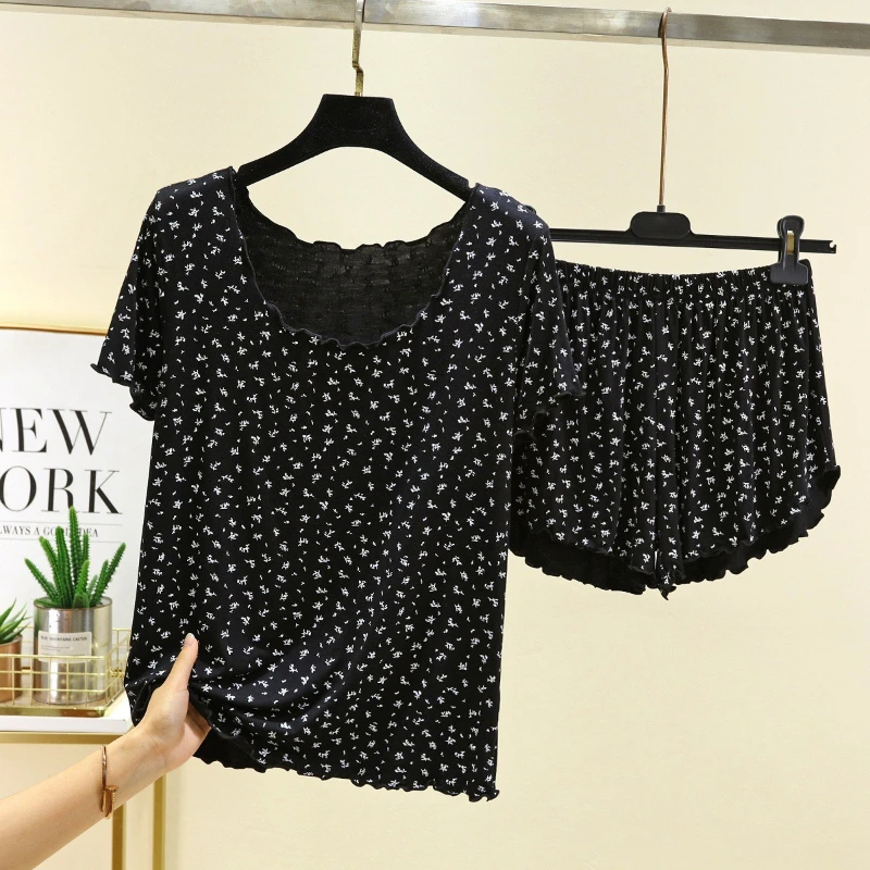 

Женские пижамы из модала с цветочным принтом, летняя тонкая футболка, комплект домашней одежды, большой размер, свободная основа с короткими рукавами, комплект из двух предметов, одежда для сна