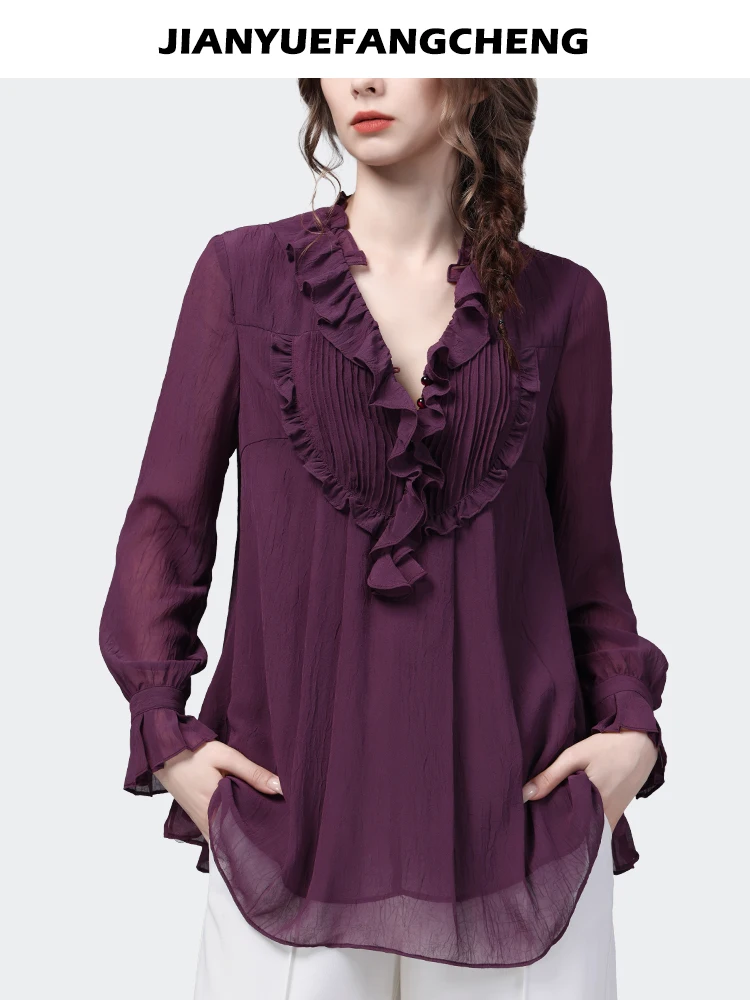 Loose-fitting Purple Ruffles Chiffon Blouse Women\' 2024 Spring Summer Tops Long Sleeve V-Neck Fashion Casual Office Lady Blous