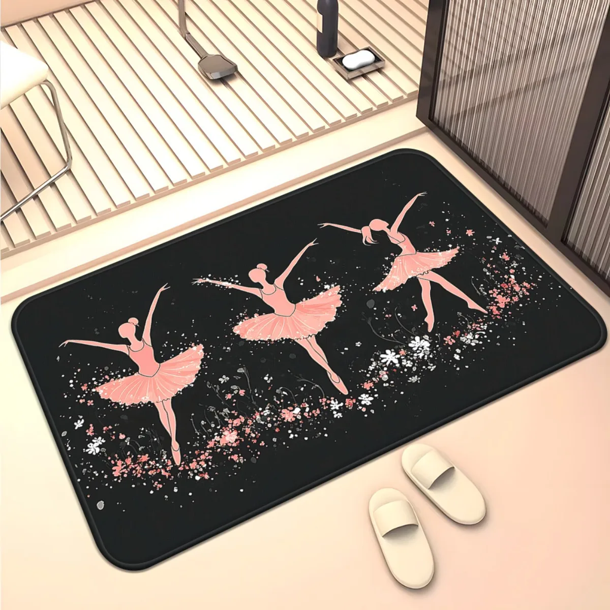 1pc 2D Flat Pink Ballerina Dancer Black Background Flannel Bath Mat Non Slip Art Girl Rug For Bedroom Bathroom Floor
