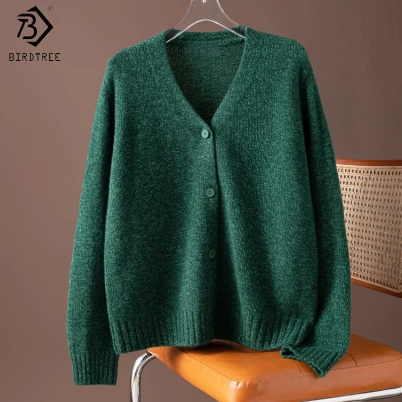 

Birdtree, однотонный вязаный кардиган из 100% овечьей шерсти, женский мягкий однобортный трикотаж с v-образным вырезом, осенне-зимний свитер 2025 T5O604JF