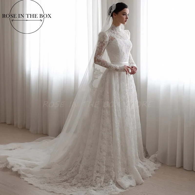 ROSEINTHEBOX Elegant Lace Wedding Dresses Luxury 2025 Long Sleeve A-line High-Neck Bride Wedding Dress Customized Bridal Gown