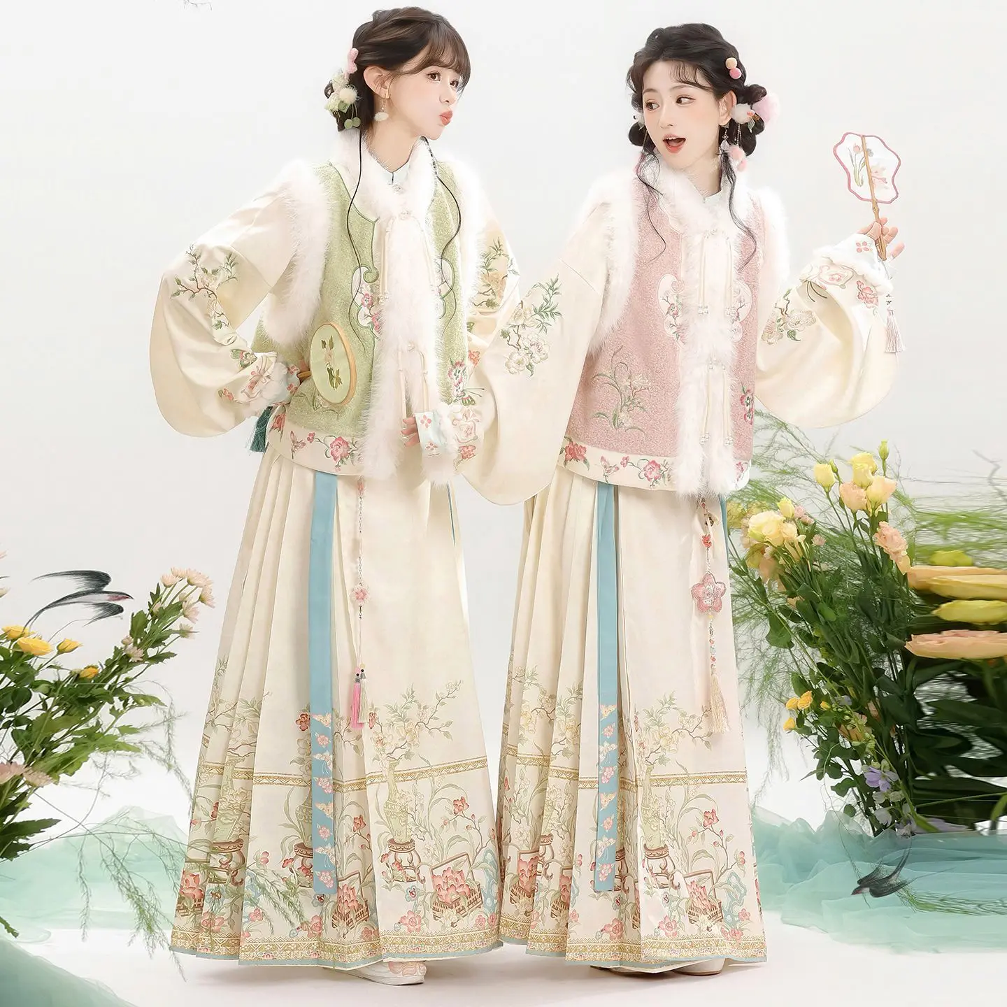 明王朝風の厚手の毛皮の裏地付きチュニックスーツ、馬尾スカート付き、秋冬セット、オリジナルデザイン、レディース漢服