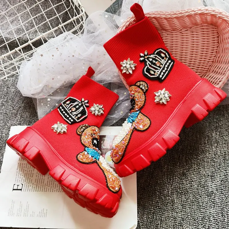 2023 Autumn Winter New Lady Socks Shoes Women Thick-soled Casual Large Size Red Knitted Short Boots Fashion Handmade 42 43