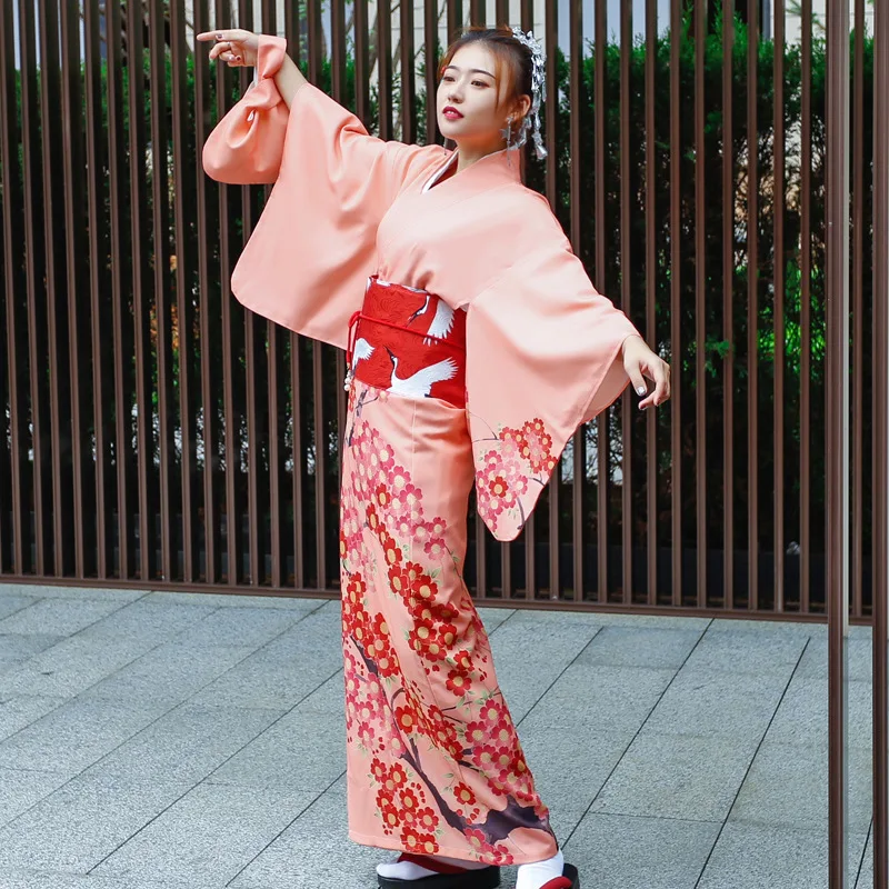 Women's Modified Orange Plum Blossom Prints Kimono Japan Style Traditional Yukata Robe Cosplay Costume Photography Retro Dress