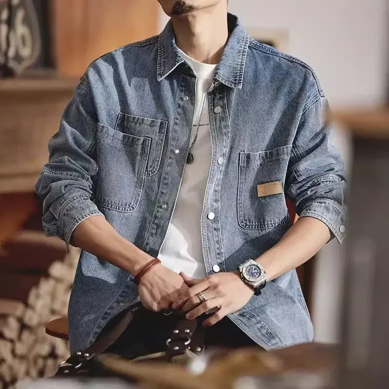 Camisa vaquera clásica americana de manga larga para hombre, chaqueta informal holgada de marca a la moda para otoño e invierno, abrigo