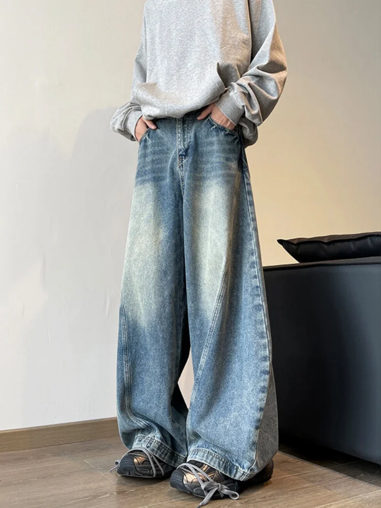 

Американские ретро-джинсы с эффектом пэчворк, мужские широкие брюки, весенне-осенние свободные прямые джинсы с легким клешем из денима