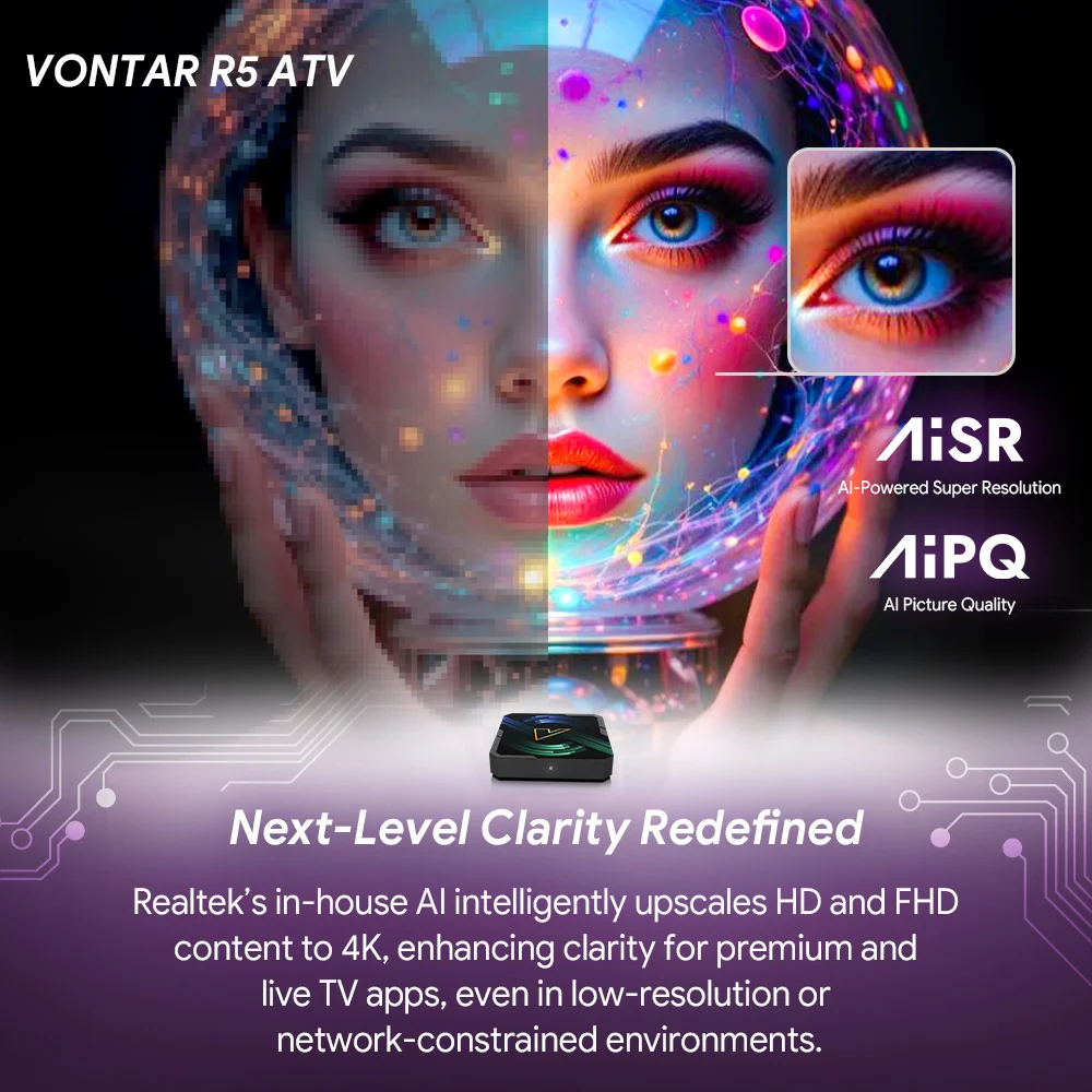 VONTAR R5 ATV TV Box Android14 Realtek1325 compatible con AI-PQ AI-SR HDR10 + Wifi6 4K HD 2.1b AV1 100M LAN reproductor multimedia decodificador