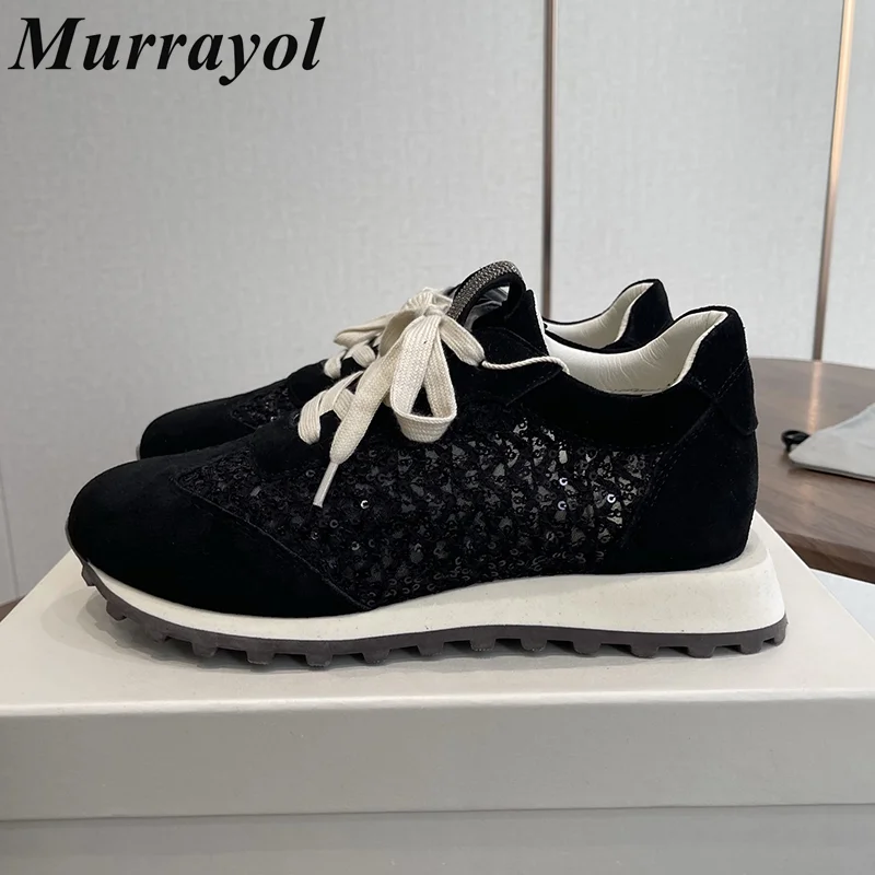 Flat Thick Sole Casual Shoes Women Suede Patchwork Lace Up Sequins Decor Breathable Tenis Spring Autumn Walking Shoes Sneakers