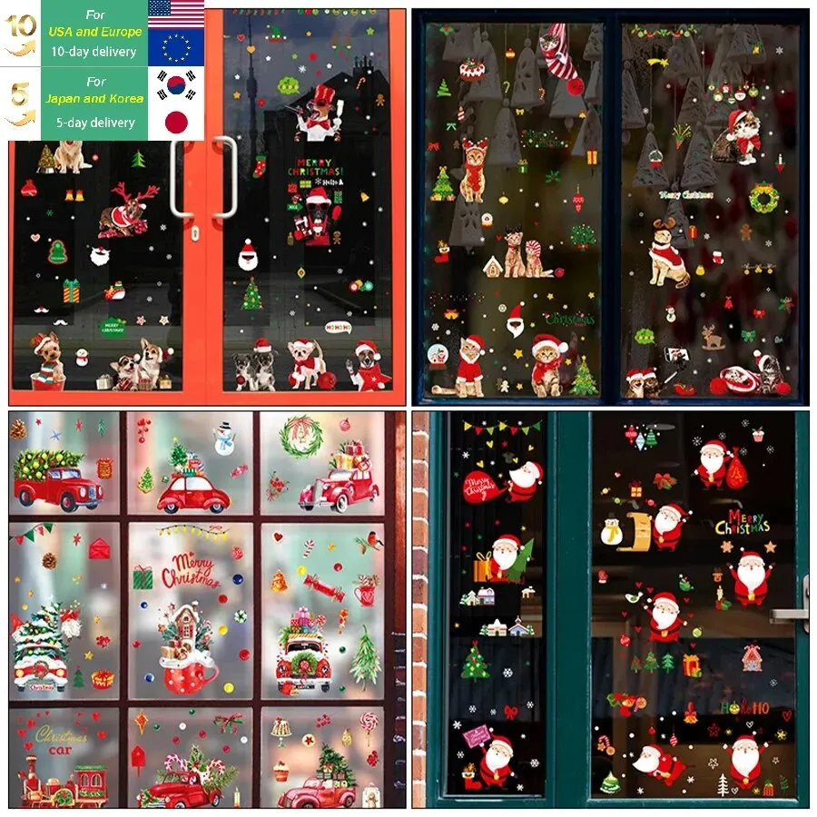 9pcs Christmas Decoration Window Sticker Santa Cat & Dog Gift Merry Christmas Mirror Sticker Christmas Tree Window Glass Sticker