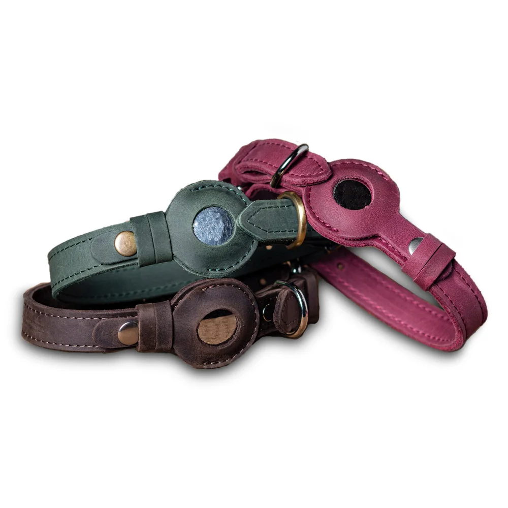 

Custom Logo Leather Dog Collar With AirTag Holder Personalized Leather Air Tag Dog Collar