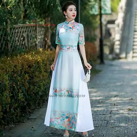 2026 vietnam traditional ao dai dress national flower print qipao oriental improved cheongsam party banquet evening aodai dress