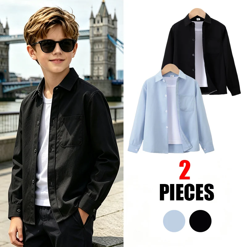 1/2-piece Spring and Autumn Children's Casual Versatile Solid Color Shirt Boys' Fashion Collar Button Top Handsome Pocket T-shir
