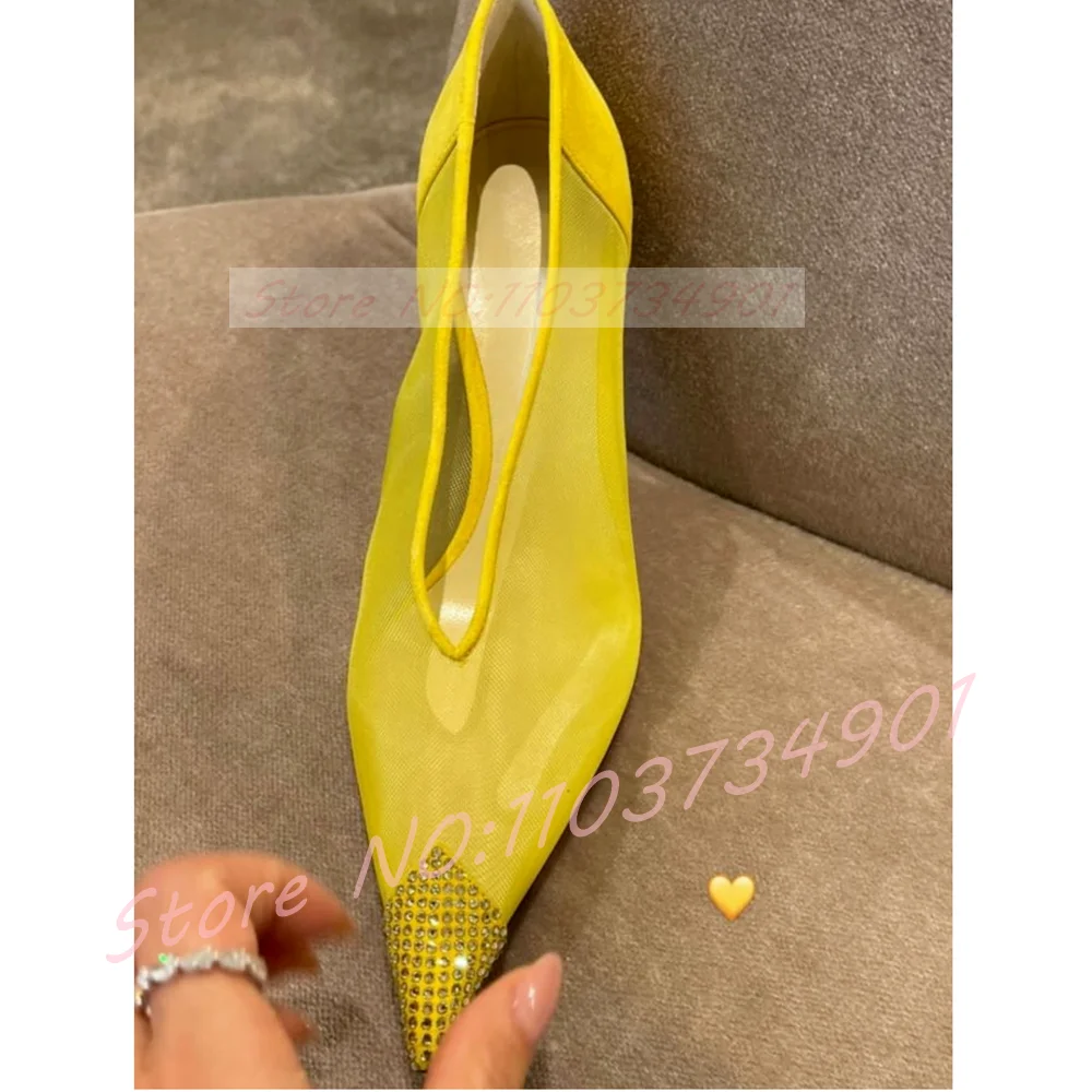 Crystals Toe Mesh See-through Pumps Women Elegant Yellow Flock Pointed Toe Pull-on High Heel Shoes Ladies Sexy Nifty Pumps