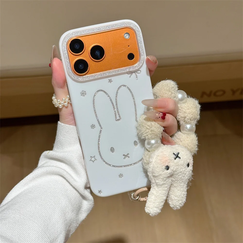 

Glitter line rabbit fashion phone case for iPhone 17 14 Pro 15 16 Pro Max Fundas cute plush rabbit cartoon shockproof back cover