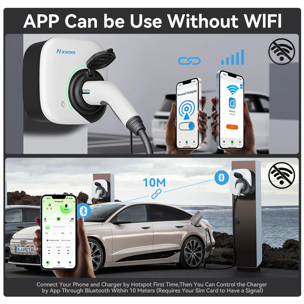 Khons 22KW ثلاث مراحل Type2 محطة شحن السيارة الكهربائية نسخة المقبس شاحن السيارة الكهربائية مع التحكم في تطبيق WIFI
