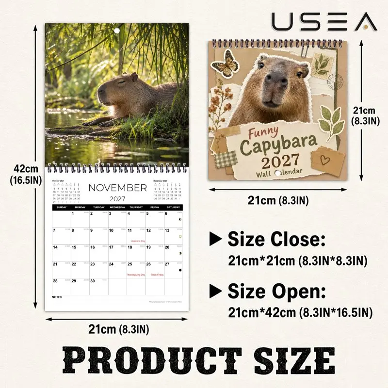 2027 Square Spiral Wall Calendar,US Holidays, Lunar Phases, Boho Farmhouse Botanical, Funny Capybara, Ideal Christmas Gift