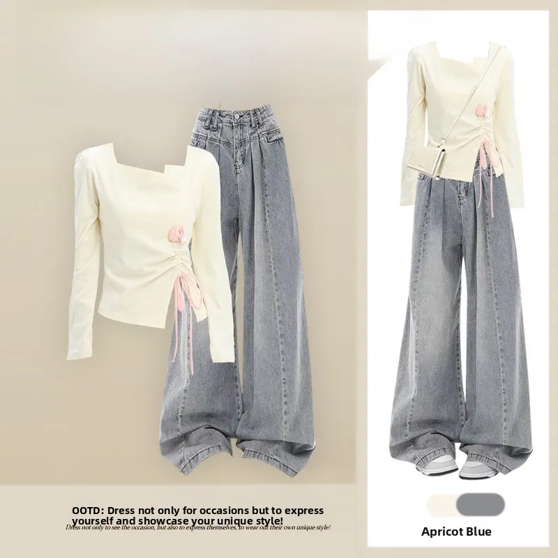 

Korean Design Long Sve T-irt Top Wide Leg Jeans Two Piece Set Summer Faion Women's Clothing Versatile Outfit Combination