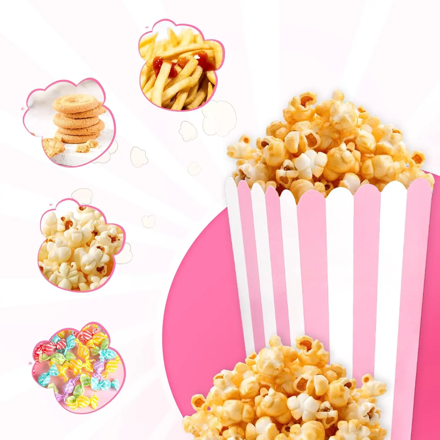 6/12/18 قطعة من صندوق الفشار الورقي المخطط المموج المنقط الوردي ، صندوق هدايا حلوى الفشار ، الزفاف ، ديكور حفلات أعياد الميلاد