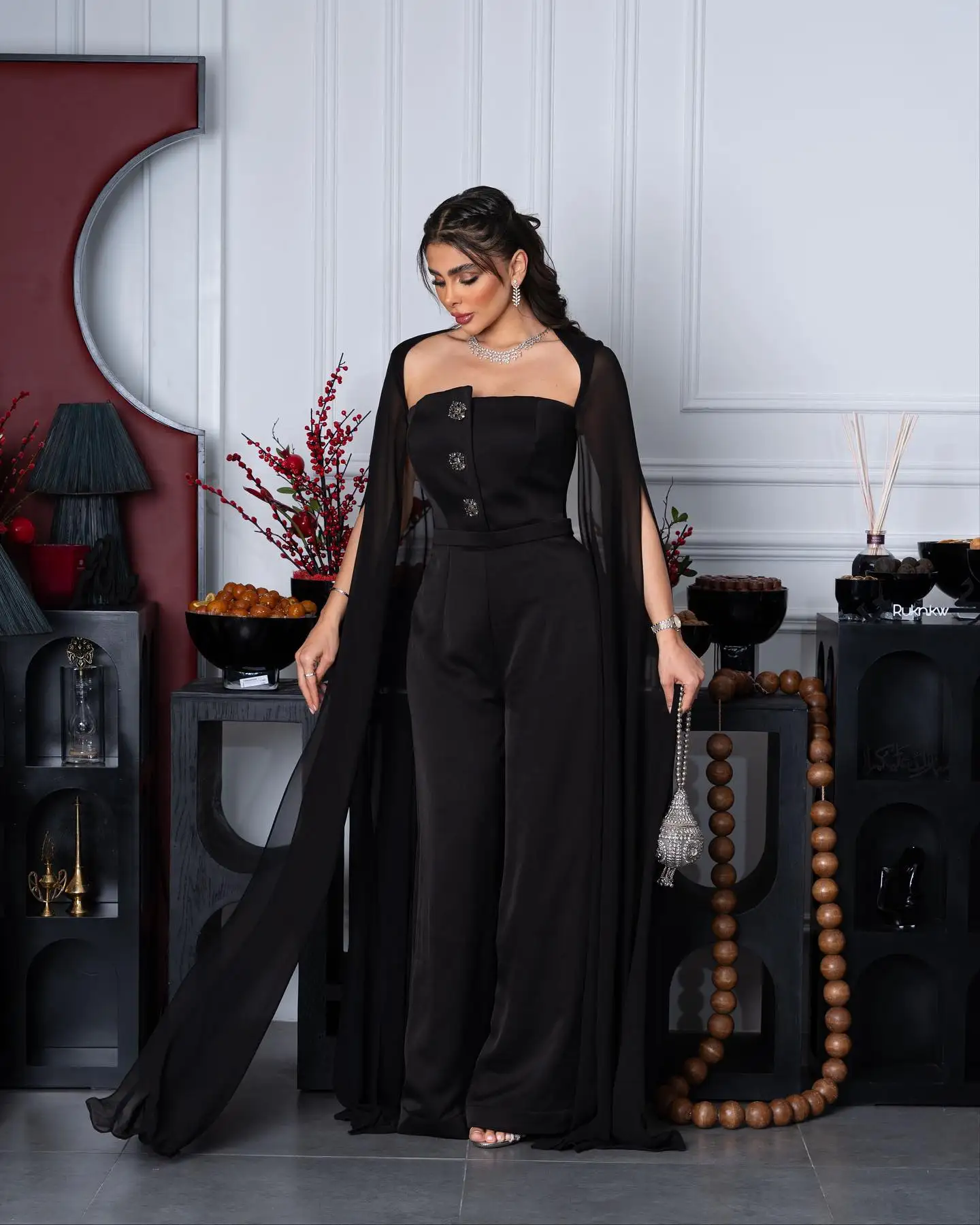 Modest Saudi Arabic Black Women Jumpsuit With Long Sleeves Delicate Button Stretchy Long Evening Dress Formal Maxi Gowns