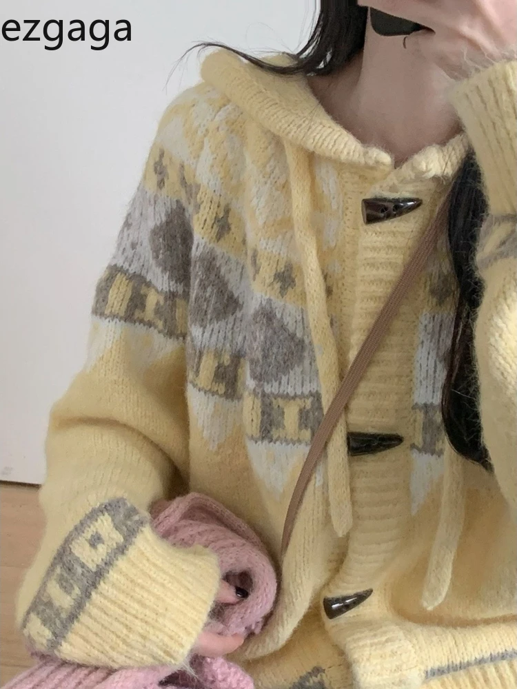 

Ezgaga Knitted Cardigan Women Vintage Autumn Winter 2025 Hooded Single Breasted Stretch Loose Outwear Sweater Female Casual