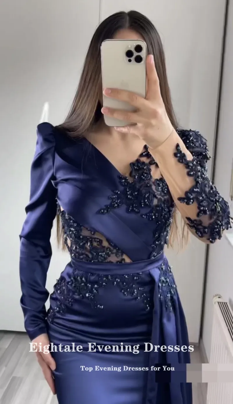 Eightale Blue Evening Dress for Wedding Party Satin Beaded Pearls Long Sleeves Pleats Elegant Mermaid Prom Gowns Celebrity Dress