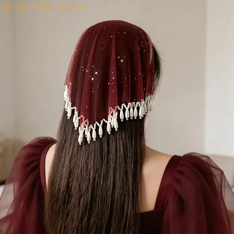 Photo Headband with a Structured Alloy Base, Sheer Mesh Layers, and Hanging Teardrop Fringe for Weddings 55KA