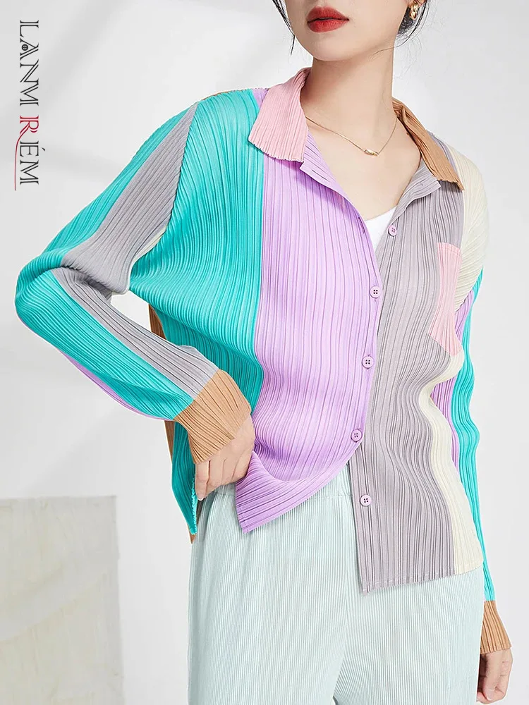 

LANMREM Color Block Women Pleated Shirt Turn-down Collar Single Breasted Long Sleeves Coats Female Clothing 2024 Summer 2YA426