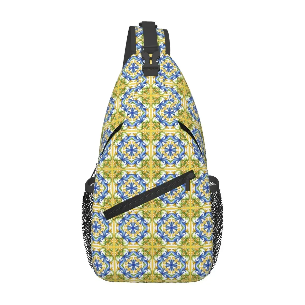 

Summer,blue Tiles,mosaic,Sicilian Style Chest Bag Men Sling Crossbody Backpack Chest Bag Traveling Hiking Daypack Shoulder Bag