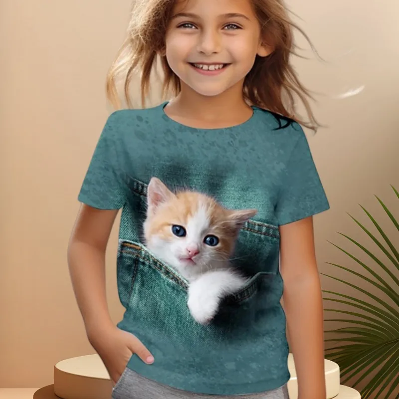 Girl Clothes Cat Graphic T Shirts One Piece Children\'s Clothing Girl T-Shirts Print Short Sleeve Tees Kawaii Clothes for Girls