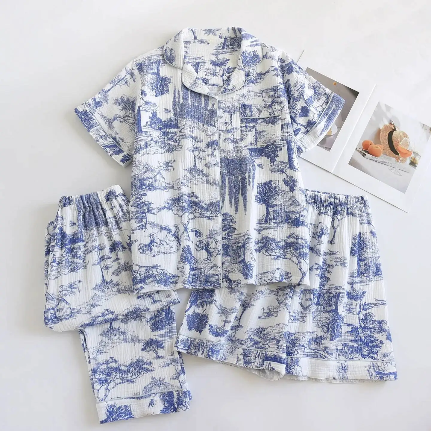 

Домашняя одежда с росписью тушью, винтажный стиль, женская одежда для сна, комплект из трех предметов, хлопковые двухслойные марлевые шорты с короткими рукавами, пижамы