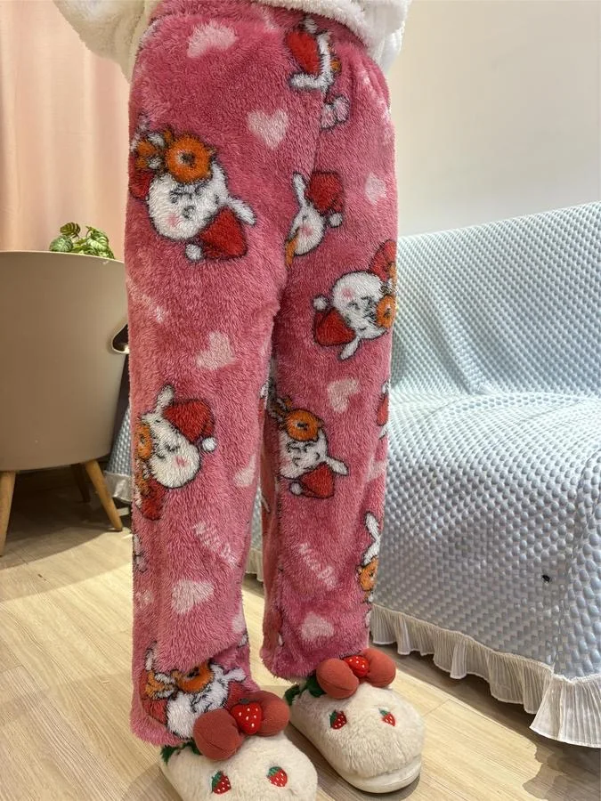 Kawaii Cartoon Pajama Pants Thick Warm Christmas Sleeping Pants Fluffy Pyjamas Women PJ Pants Girls Soft Plush Flannel Sleepwear