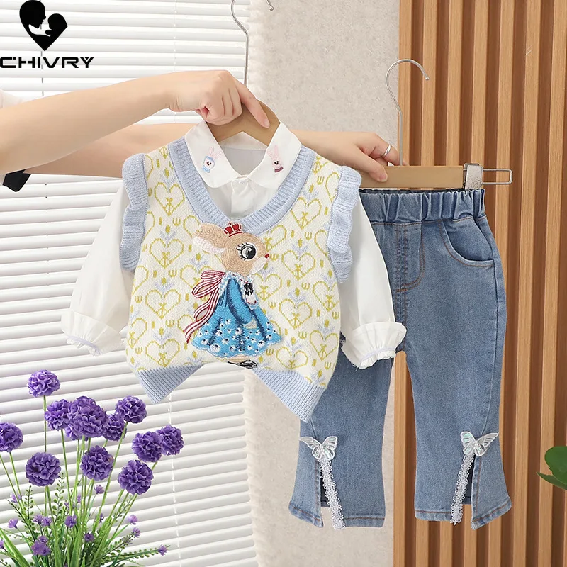 

New 2023 Kids Autumn Cute Rabbit V-neck Knit Vest Lapel Shirt with Denim Pants Jeans Baby Girls Casual Three-piece Clothing Sets