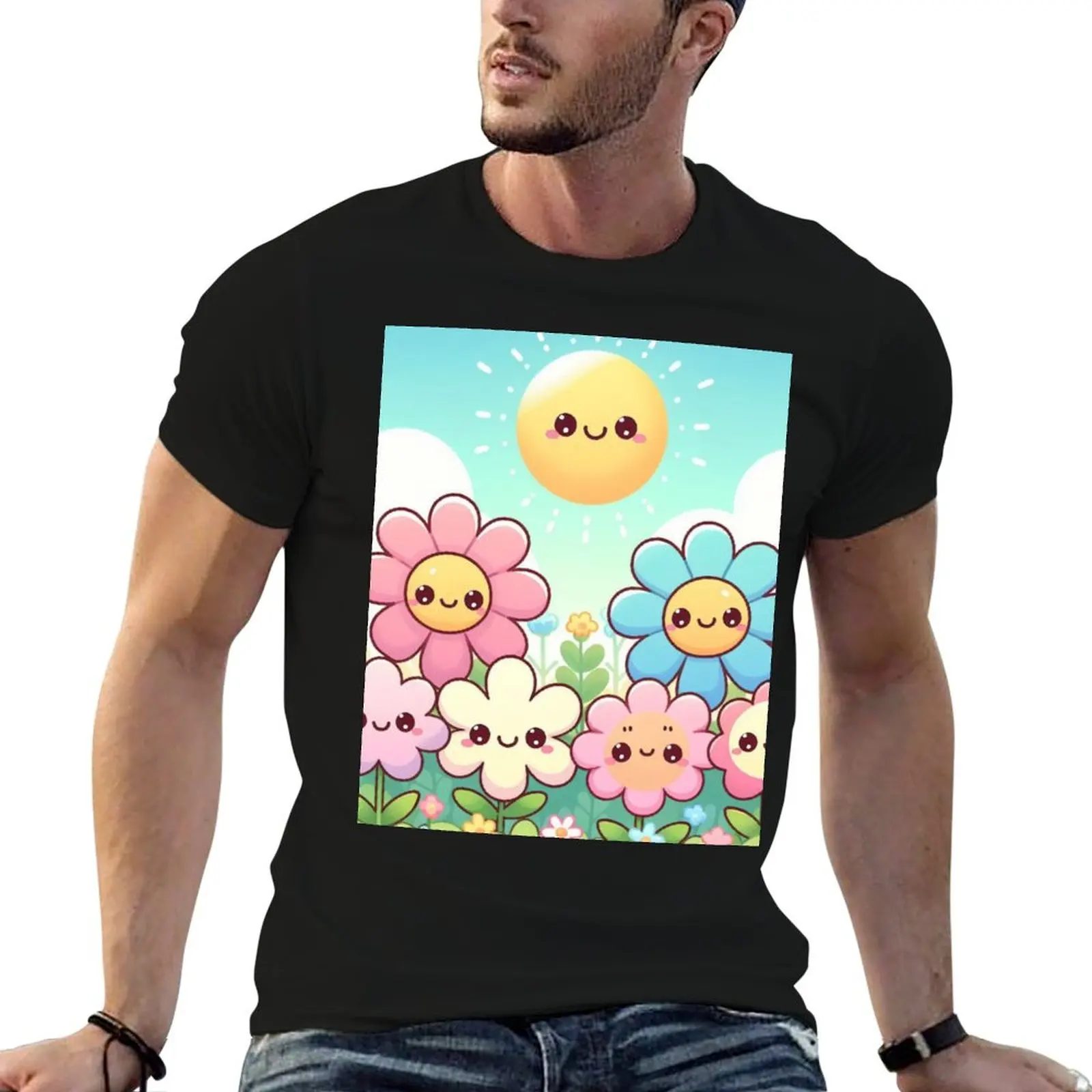 Cute kawaii manga cartoon field flower flowers pink yellow Blue wildflowers T-Shirt