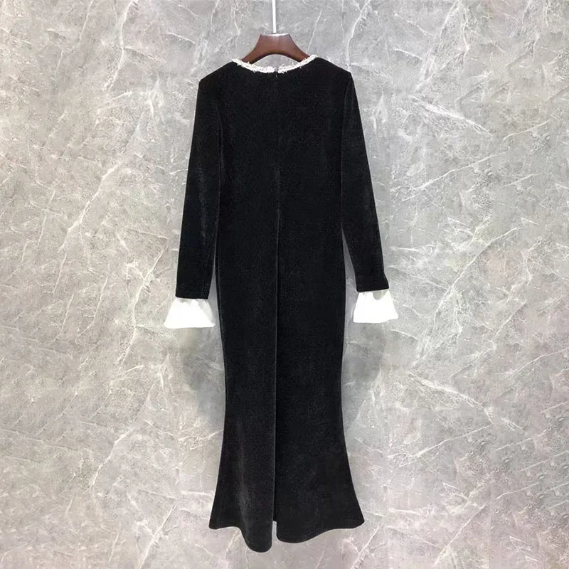 Woman clothing y2k fall and winter pearl knit fishtail dress woven V-neck Dresses2024 waist thin new long dresses Party dresses