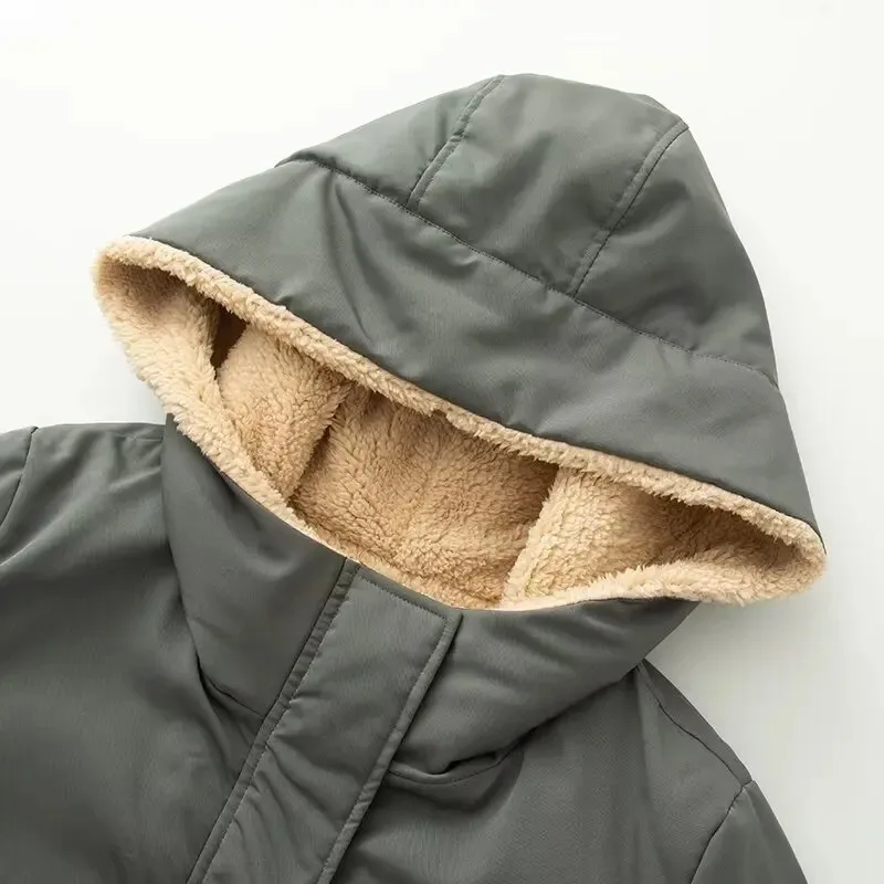 HH Women Winter Fashion Solid Plush Hooded Thickened Parker Cotton Coat Female High Street Casual Warm Zipper Pocket Jacket