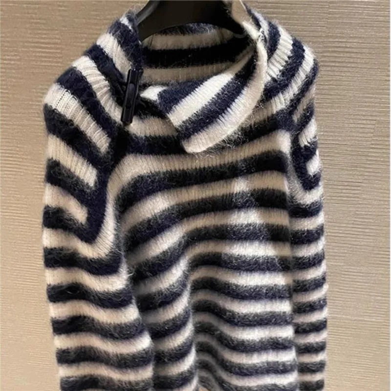 

Модный черный, белый полосатый свитер с воротником, женский осенне-зимний новый кашемировый шерстяной вязаный пуловер с длинными рукавами, одежда Y2k