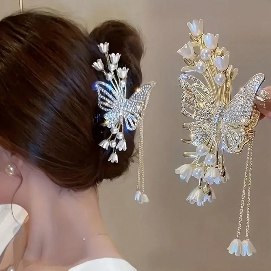 Elegance Pearl Flower Butterfly Hair Claw Women Fashion Cute Sweet Tassel Hair Clip Girls Headdress Exquisite Hair Accessoires
