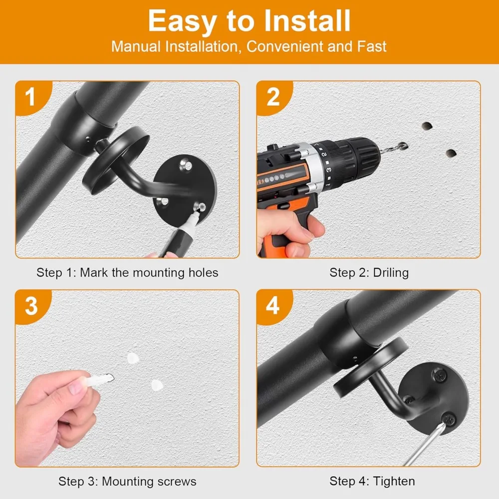 مجموعة درابزين الدرج المعدني الصناعي - درابزين ألومنيوم قوي لخطوات الخشب أو الخرسانة الداخلية والخارجية