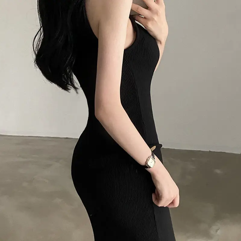 Temperament Square Neck Long Dress for Women Sexy Solid Screw Thread Sleeveless Split Dresses Slim Pullover Office Lady Vestidos