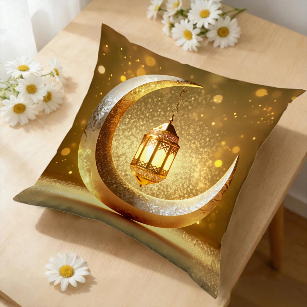 1Pc Islamic Crescent Moon Lantern Cushion Cover Gold Ramadan Decorative Pillowcase For Sofa Bed Home Decoration Soft Breathable