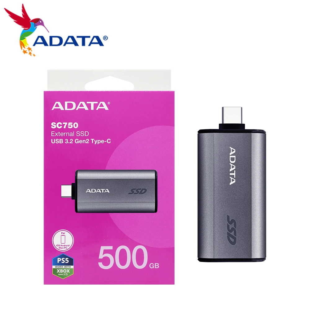 ADATA SC750 высокоскоростной портативный SSD Type-C 3.2 Gen2x2 интерфейс 500 ГБ 1000 ГБ скорость передачи до 1050 МБ/с для настольных ПК PS5