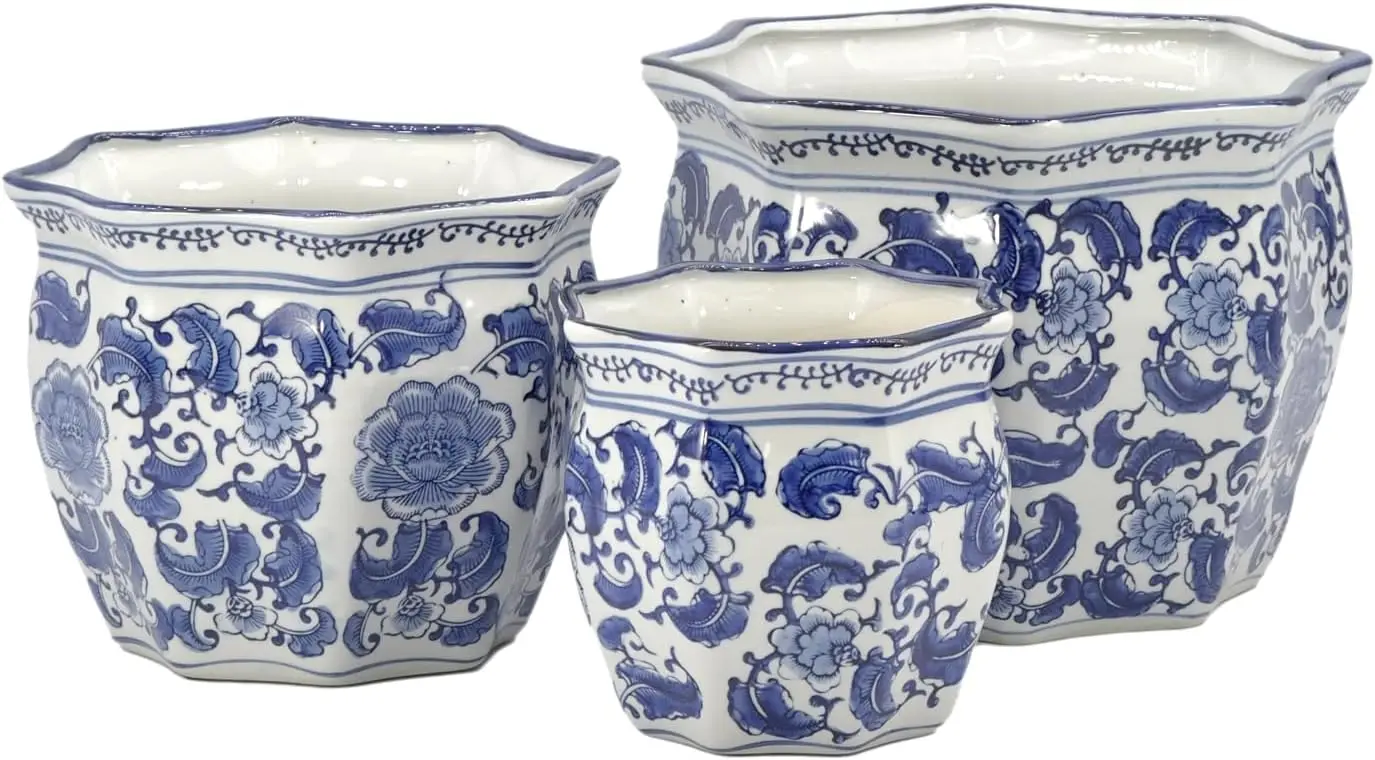 

Blue & White Round Fluted Classic Floral Porcelain Ceramic Plant Flower Planter Pot Set of 3 (7.5", 10", 13") Garden