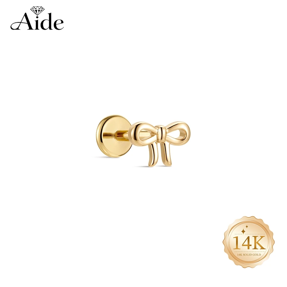 AIDE 14K Solid Gold Simple Smooth Bowknot Piercing Earrings For Women Classic Flat Back Internal Thread Fine Jewelry Gifts