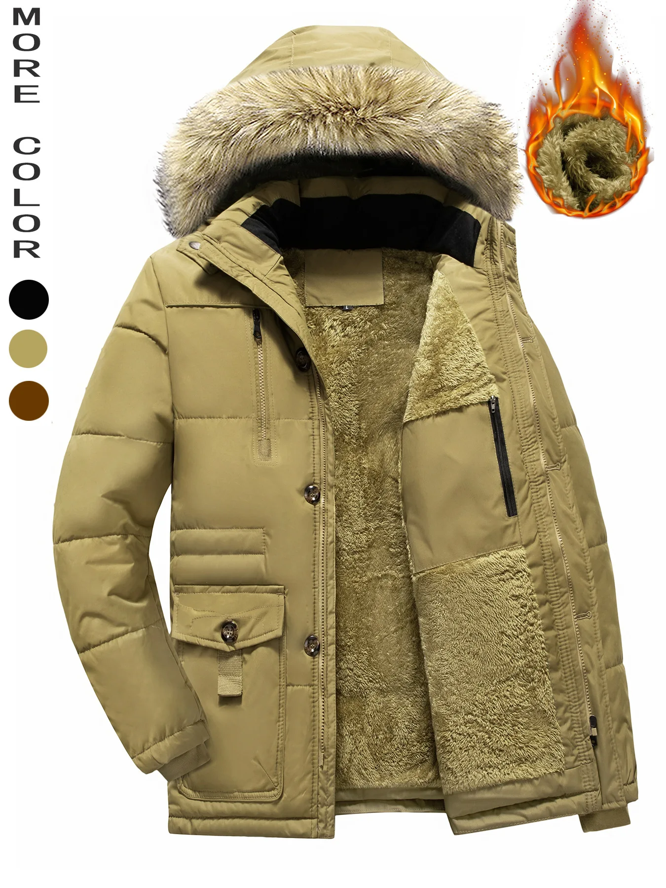 Men's Winter Wool-Collared Cotton-Padded Jacket Thickened Fleece Hooded Coat Warm Middle-Aged Elderly Fathers Clothing