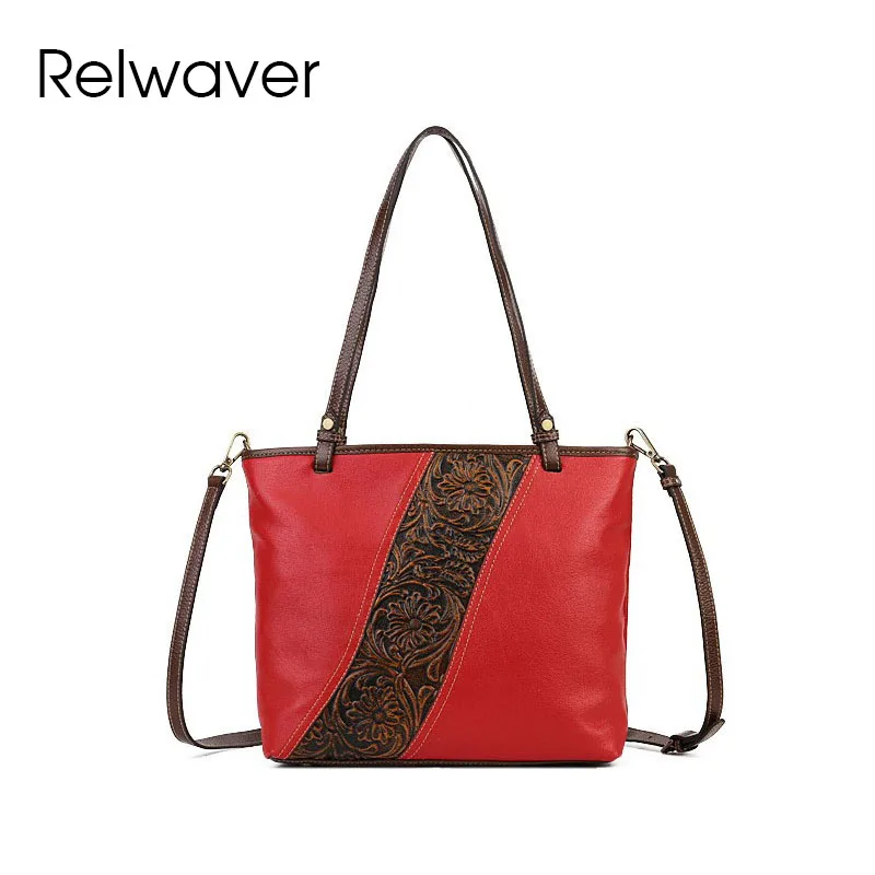 

Relwaver big cow leather tote bag embossing contrast color shoulder bag 2024 spring summer Chinese style commuting lady handbag