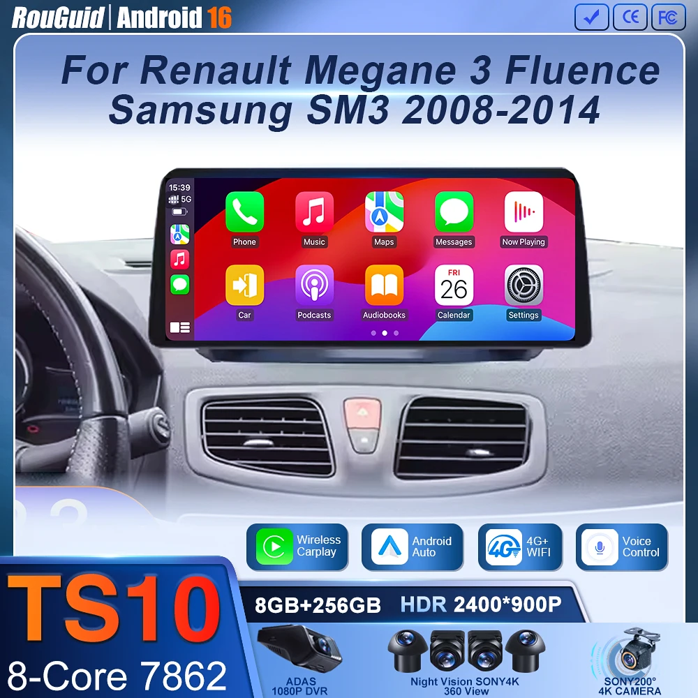 12.3 inch Android For Renault Megane 3 Fluence Samsung SM3 2008-2014 Wireless BT Carplay Car Radio Multimedia Head Unit Screen